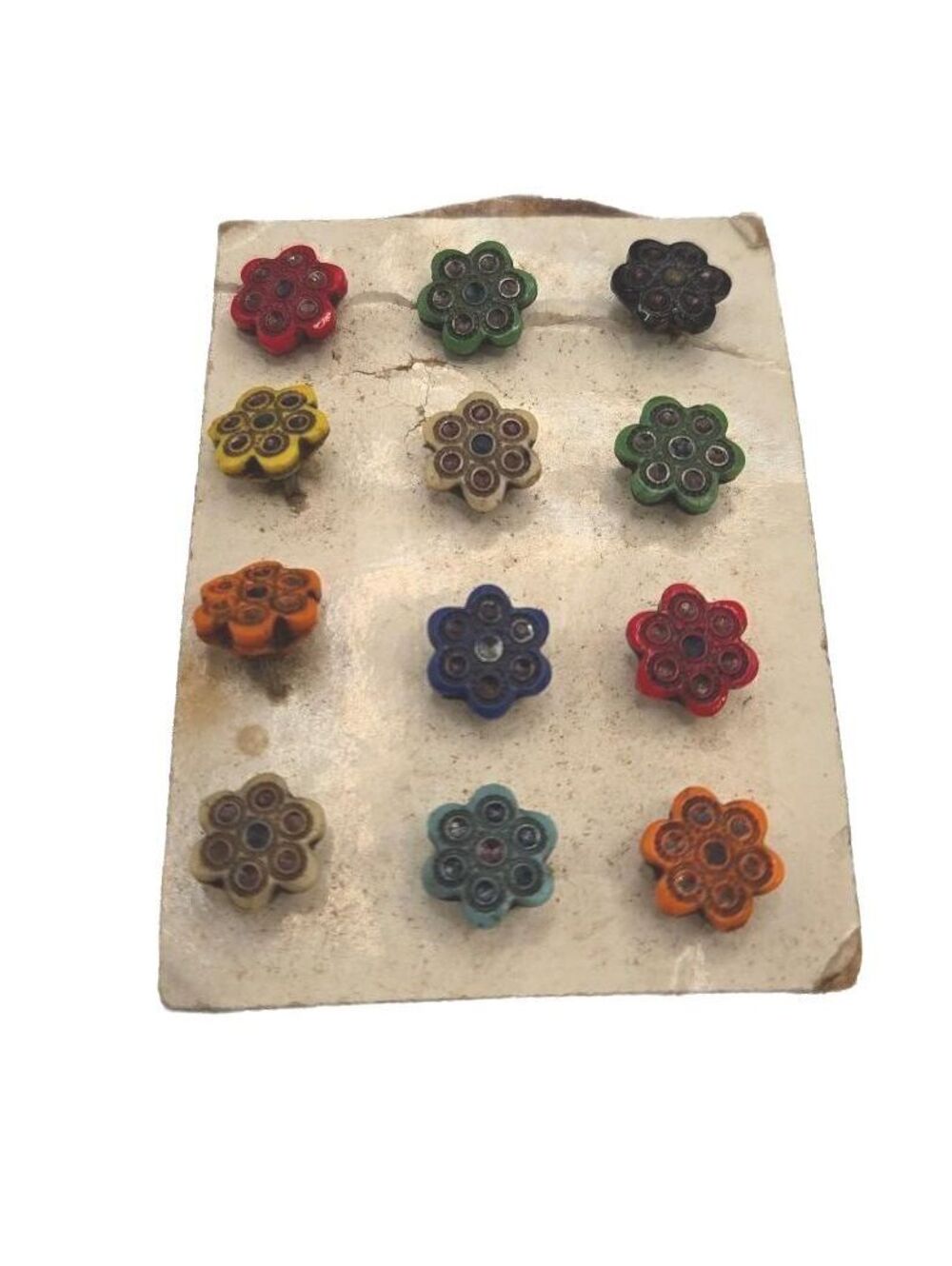 Multicolor glass buttons, tiny antique Flowers in many colors, on original card